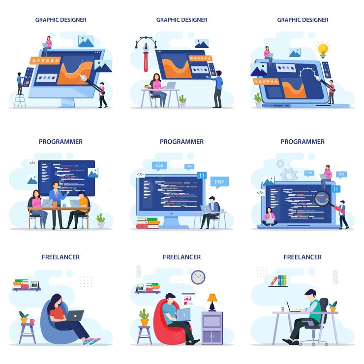 freelance people work comfortable conditions set vector flat illustration