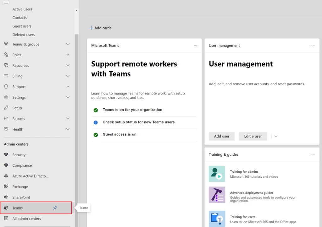 Scroll down to Office Admin Center area in the left pane and click on the Teams
