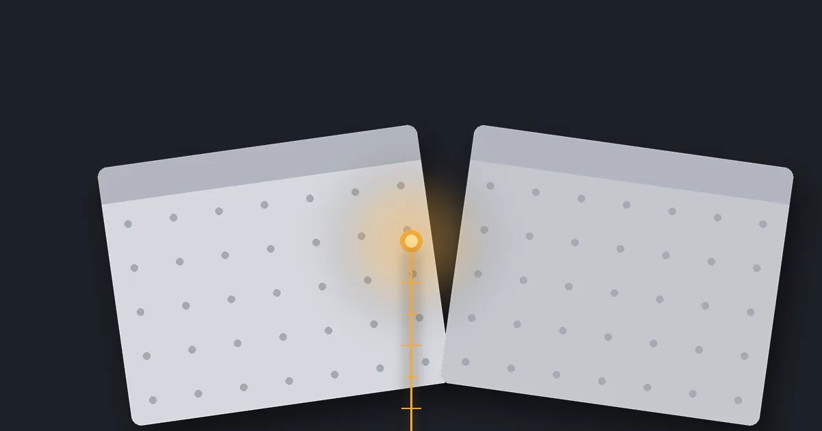 Two calendar pages converging on a single highlighted date, rendered as clean paper planes of light grey and amber against a deep charcoal background