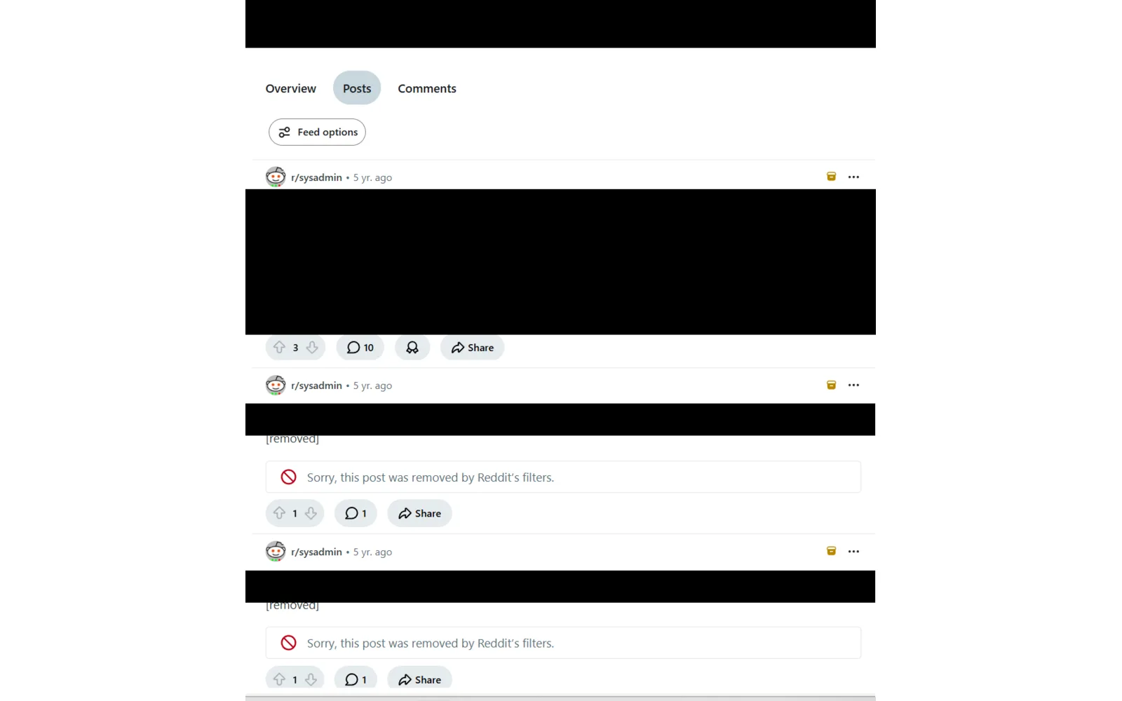 Redacted account-history capture showing previously removed same-title submissions