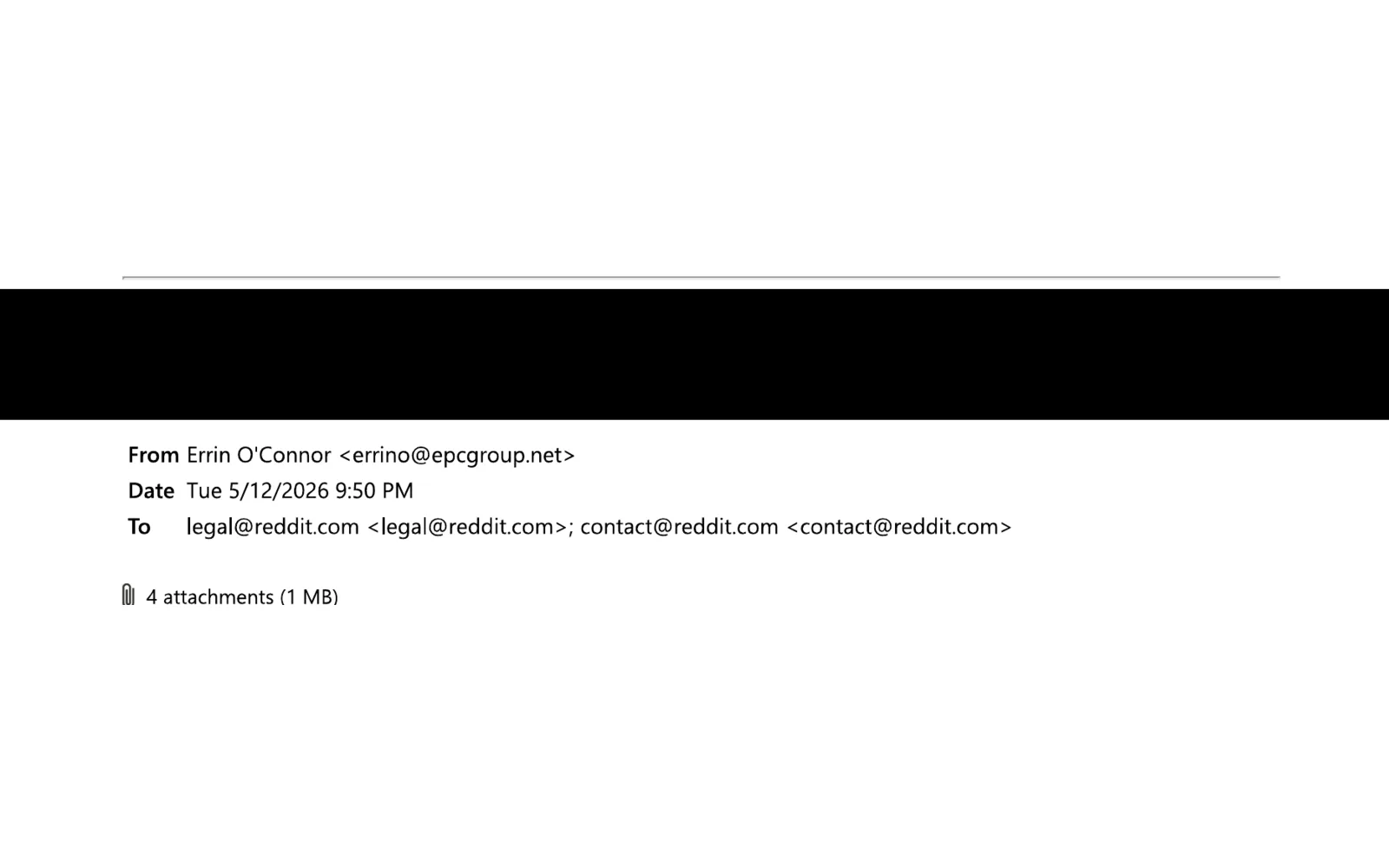 Redacted record of a May 12, 2026 transmission to Reddit, Inc.