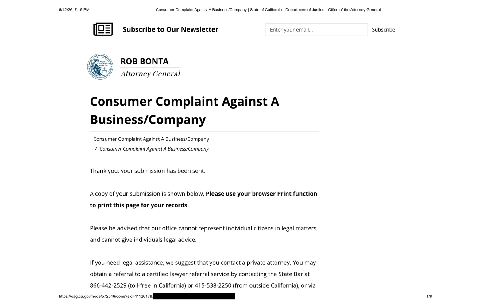 Redacted California Attorney General submission acknowledgment
