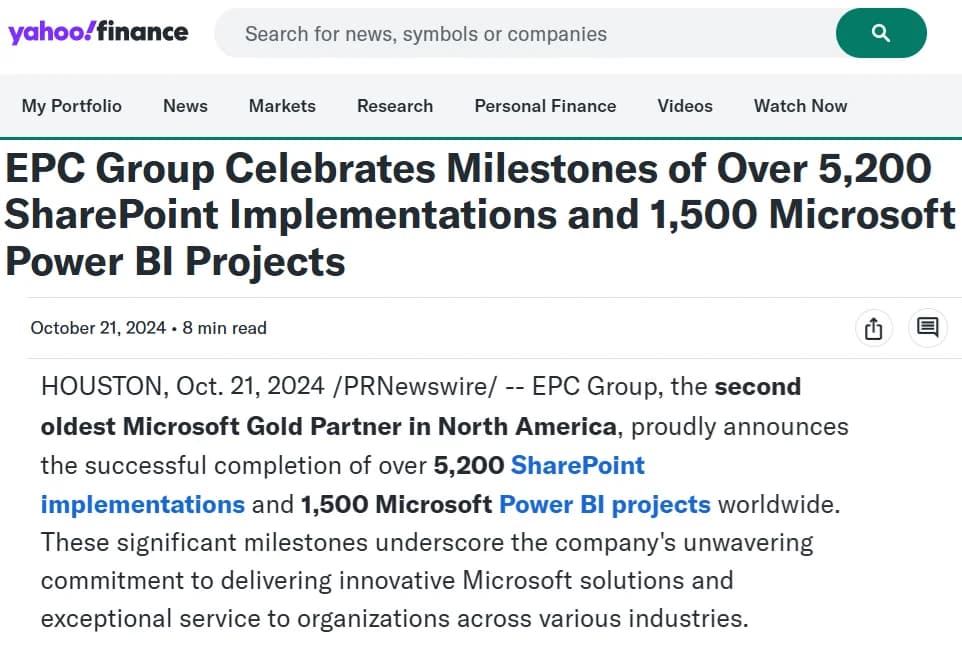 Yahoo Finance article: EPC Group Celebrates Milestones of Over 5,200 SharePoint Implementations and 1,500 Microsoft Power BI Projects