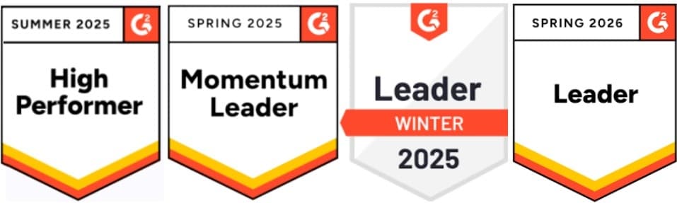 G2 High Performer Summer 2025, Momentum Leader Spring 2025, Leader Winter 2025, Leader Spring 2026