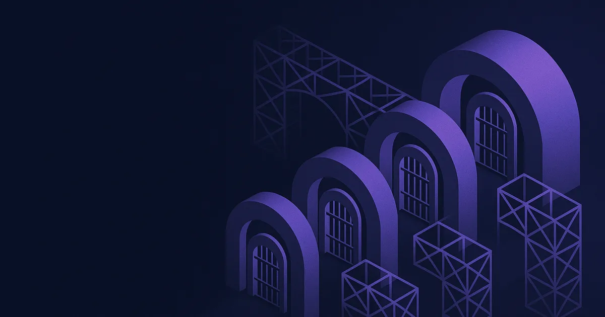 Abstract editorial illustration representing M&A Day-1 IT Integration for Microsoft 365: The 5-Gate Cutover Model.