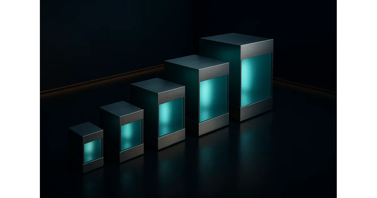 Modular glass and brushed-steel blocks of increasing size arranged in a rising stepped sequence, each lit from within, representing scaled Microsoft Fabric capacity tiers.