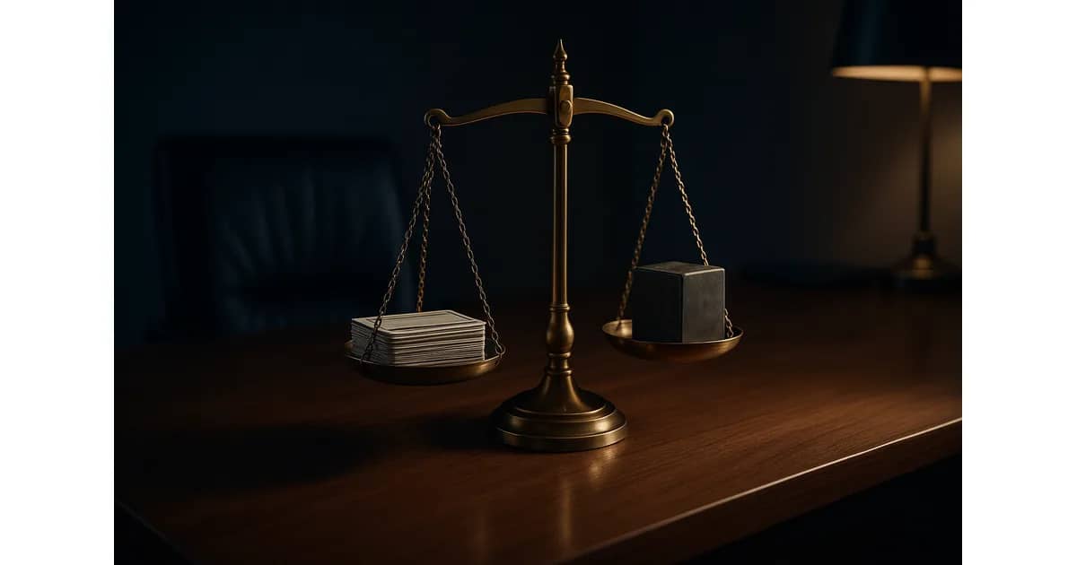 A brass balance scale on a walnut executive desk weighing a stack of per-user licence cards against a single dense block representing pooled Fabric capacity.