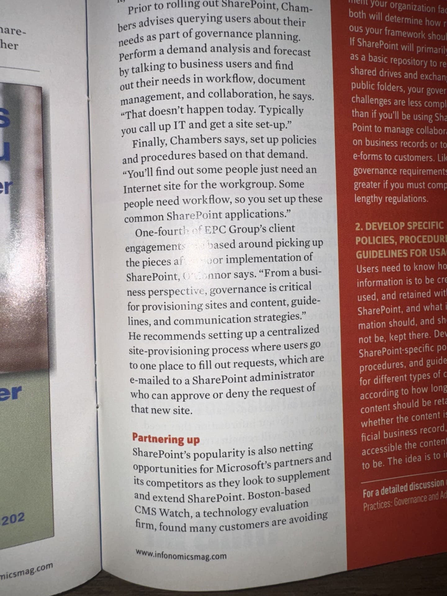 Infonomics magazine photo evidence — Governance paragraph (page 36-37): "One-fourth of EPC Group's client engagements