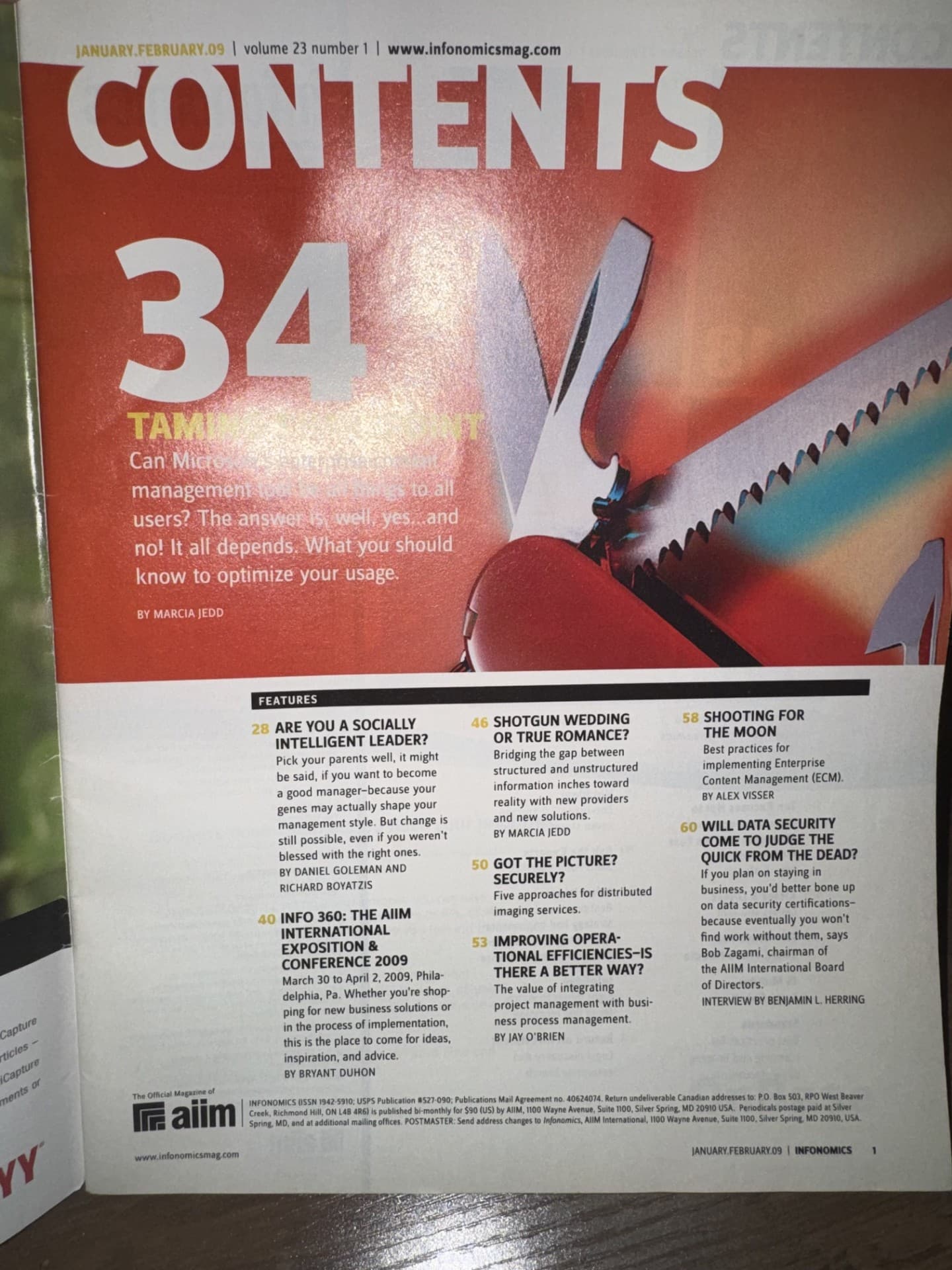Infonomics magazine photo evidence — Magazine Table of Contents — header reads "JANUARY/FEBRUARY 09 | volume 23 numbe