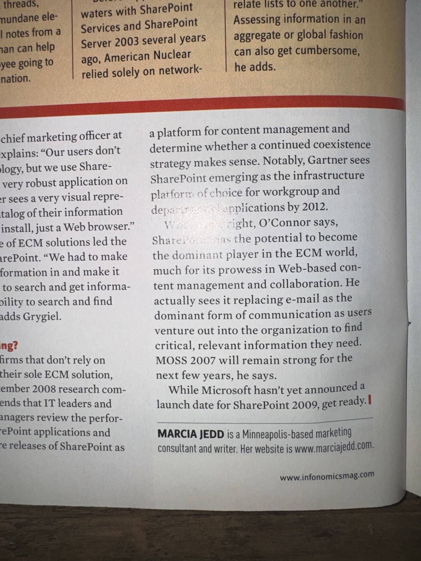 Infonomics magazine photo evidence — Final paragraph + author byline. Closing quote: "SharePoint has the potential to