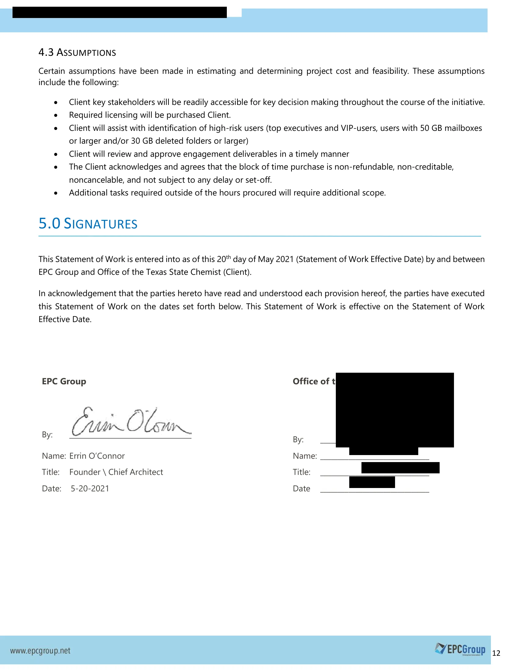 Redacted countersigned statement of work, EPC Group for the Office of the Texas State Chemist, page 13 of 13