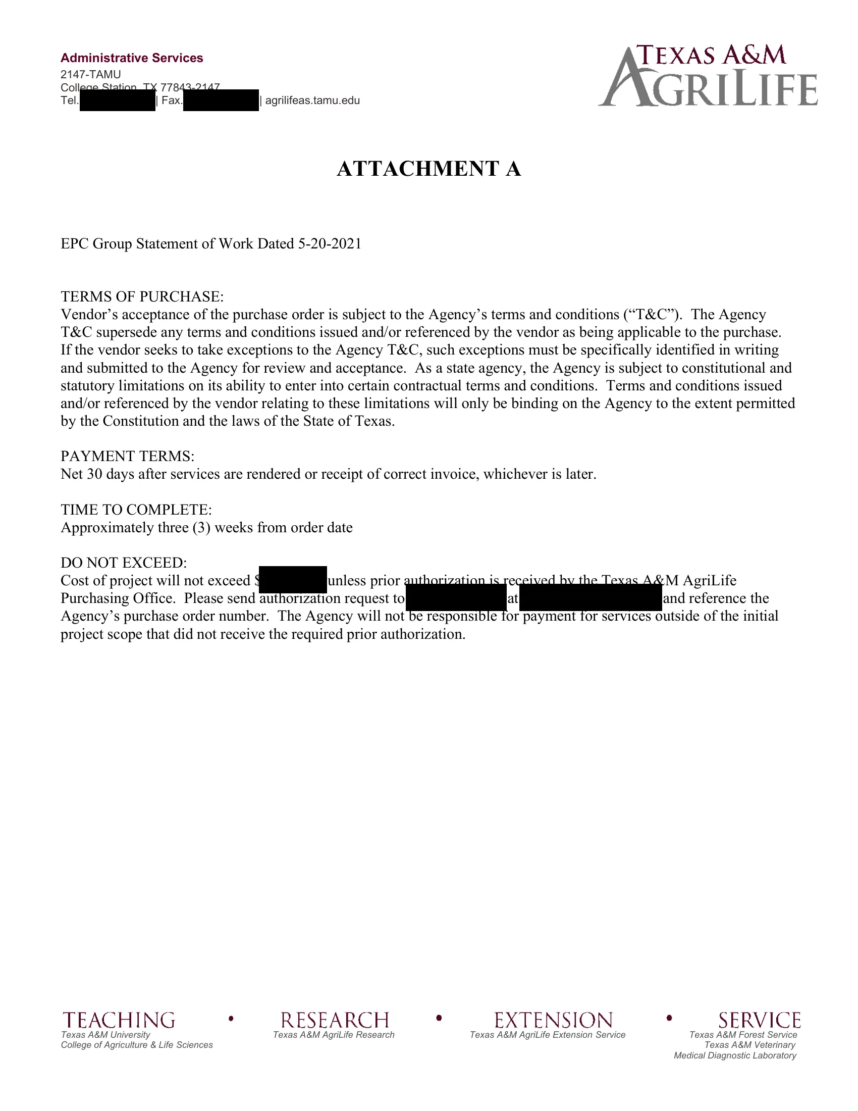 Redacted purchase order Attachment A, Office of the Texas State Chemist, issued by Texas A&M AgriLife Administrative Services, page 1 of 1
