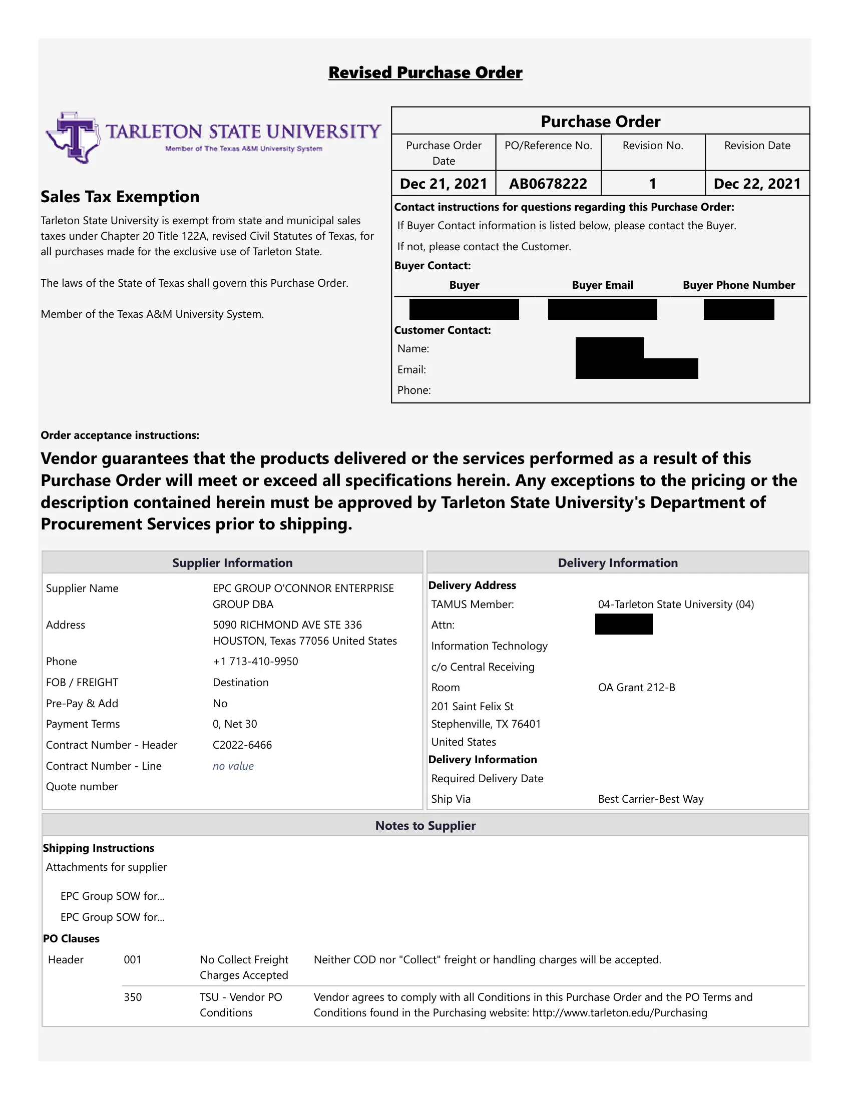 Redacted purchase order (revised), Tarleton State University, Department of Procurement Services, page 1 of 2