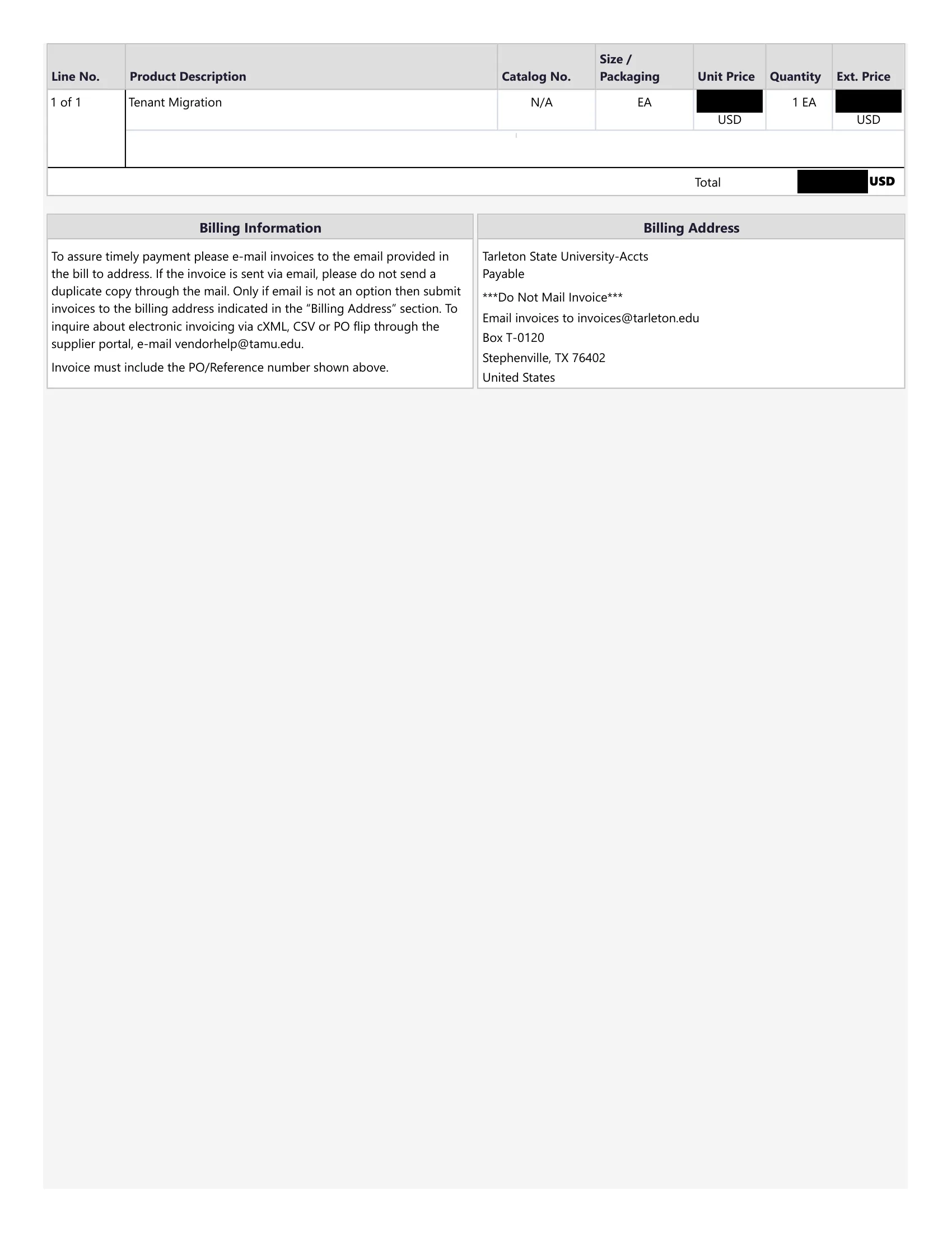 Redacted purchase order (revised), Tarleton State University, Department of Procurement Services, page 2 of 2