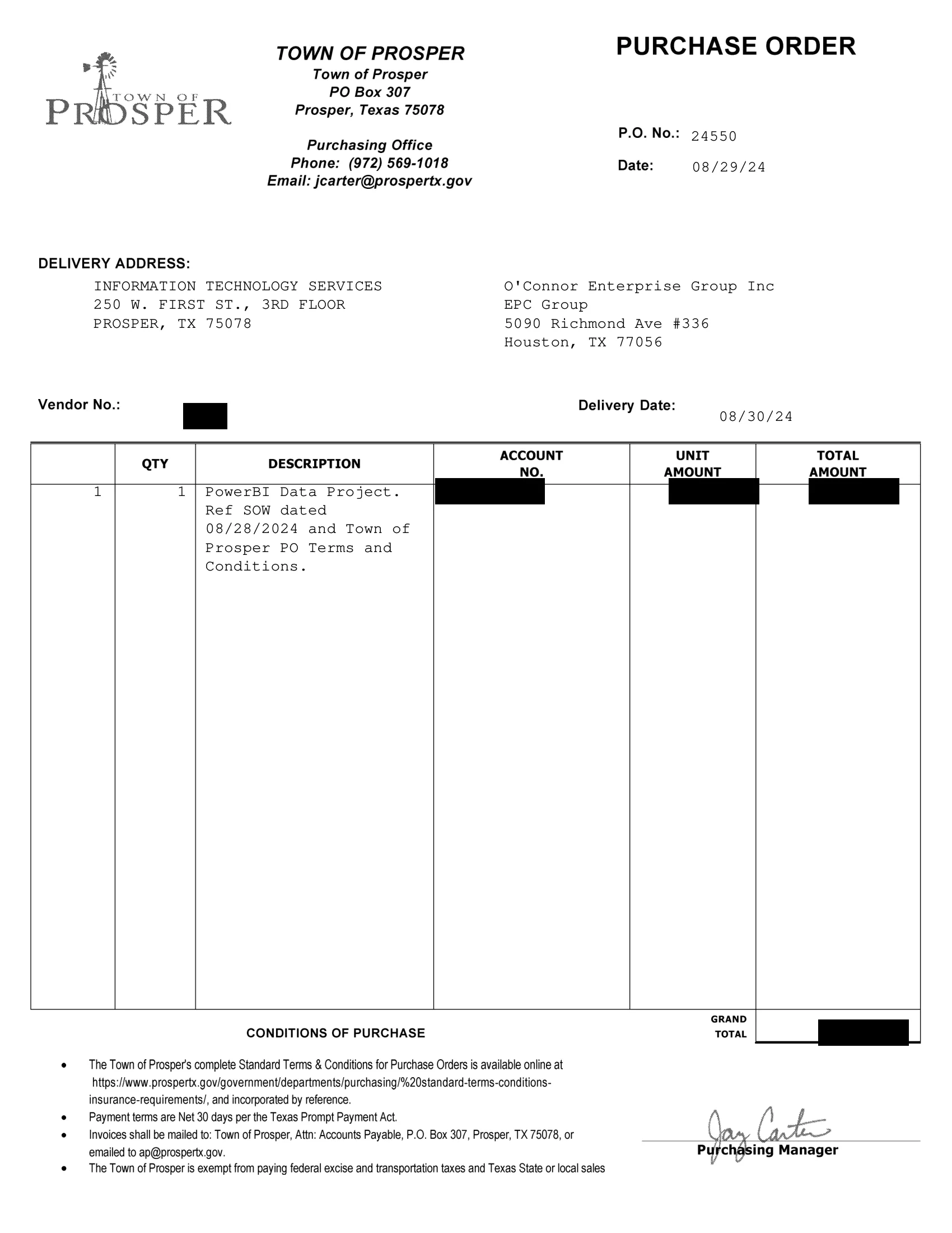 Redacted purchase order, Town of Prosper, Texas, Information Technology Services, page 1 of 1