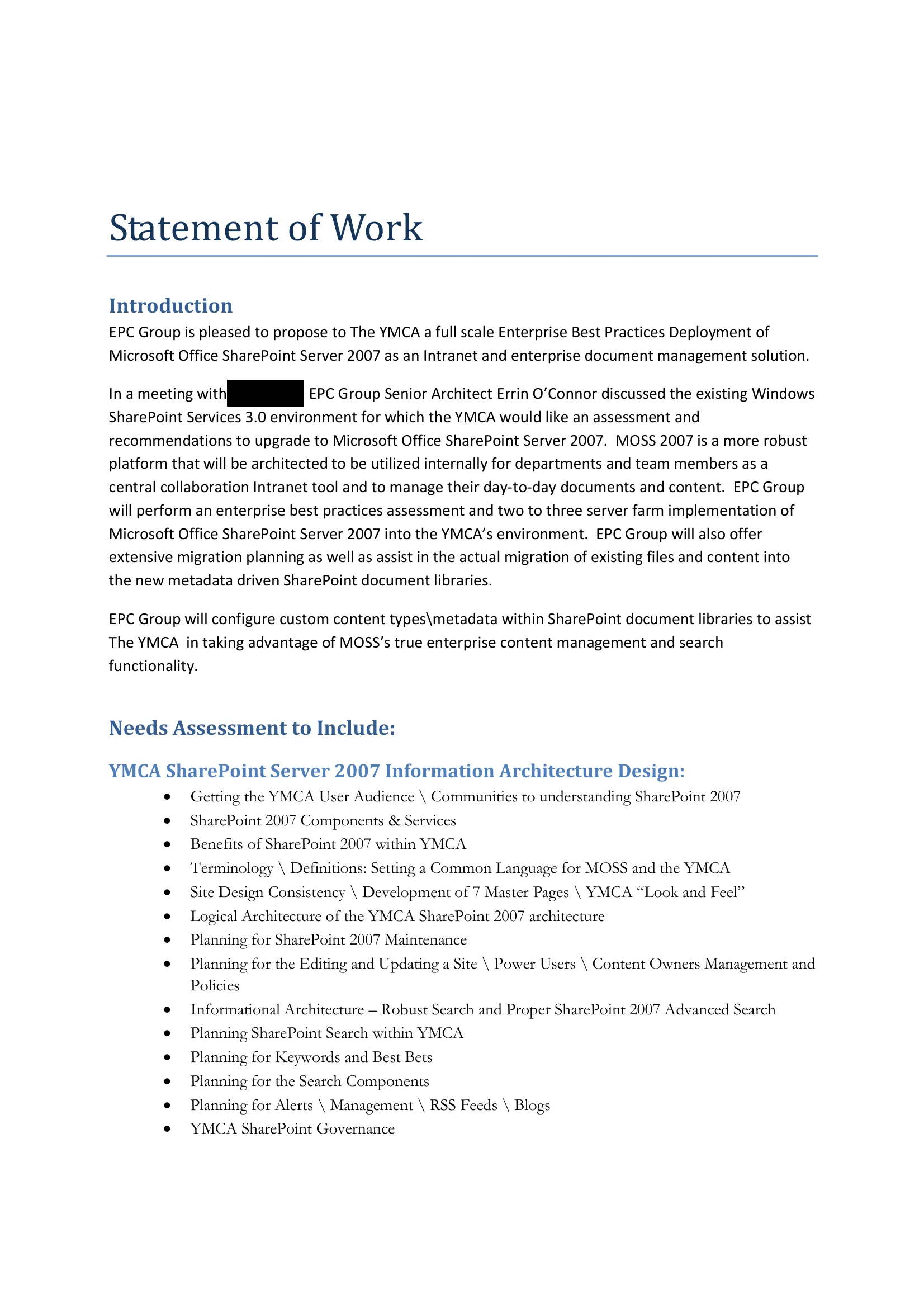 Redacted statement of work, The YMCA (Houston), page 3 of 17