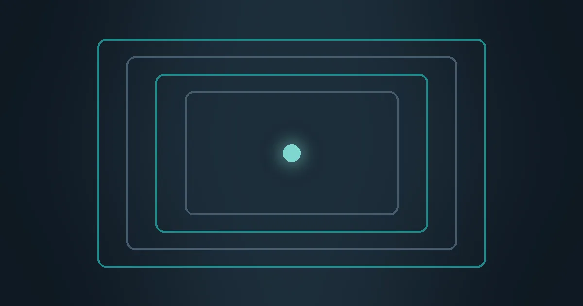Abstract slate panel with a teal frame of nested rectangles around a small bright node — governance around the model.
