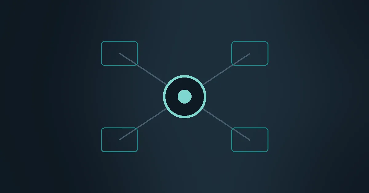 Abstract slate panel with a teal hub ring and four spokes to faint outlined zones — the landing zone topology.