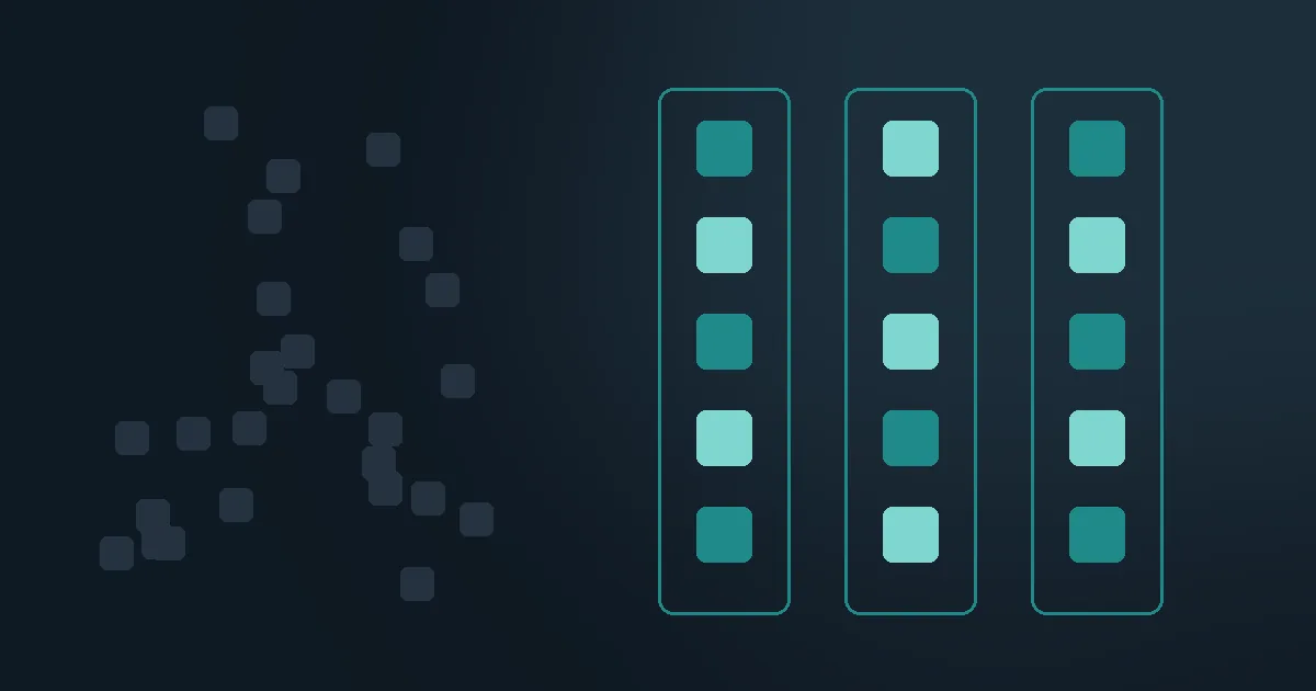 Abstract slate panel with scattered faint tiles being sorted into three teal-edged columns — classification.