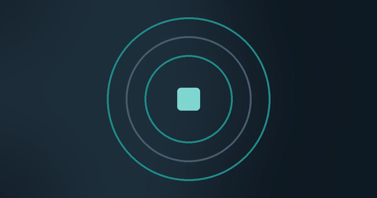Abstract slate panel with concentric teal rings closing around a central tile — controls enforced in layers.