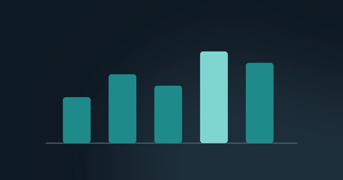 Abstract slate panel with five teal bars rising from one shared baseline — the first dashboards on one model.