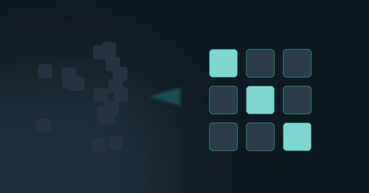 Abstract slate panel with a cluster of faint blocks on the left and three teal blocks already placed in a clean grid on the right — the pilot wave.